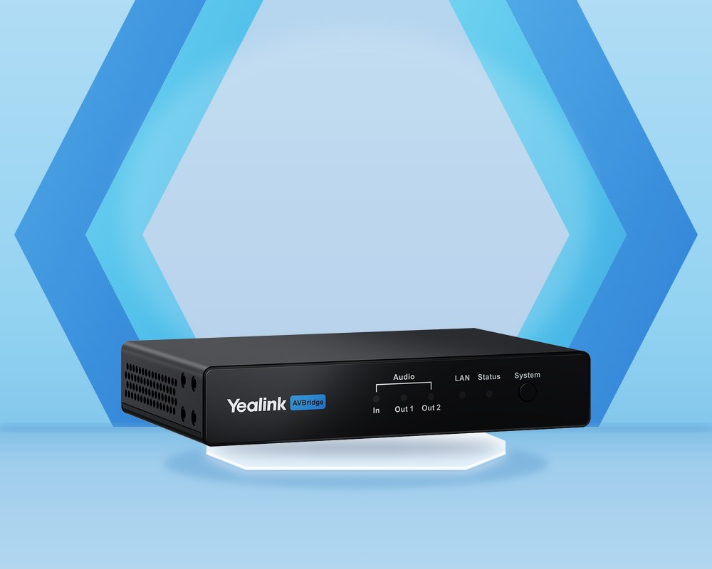 Yealink AVBridge, a compact black audio and video bridge box with audio, LAN, status and system indicators on the front