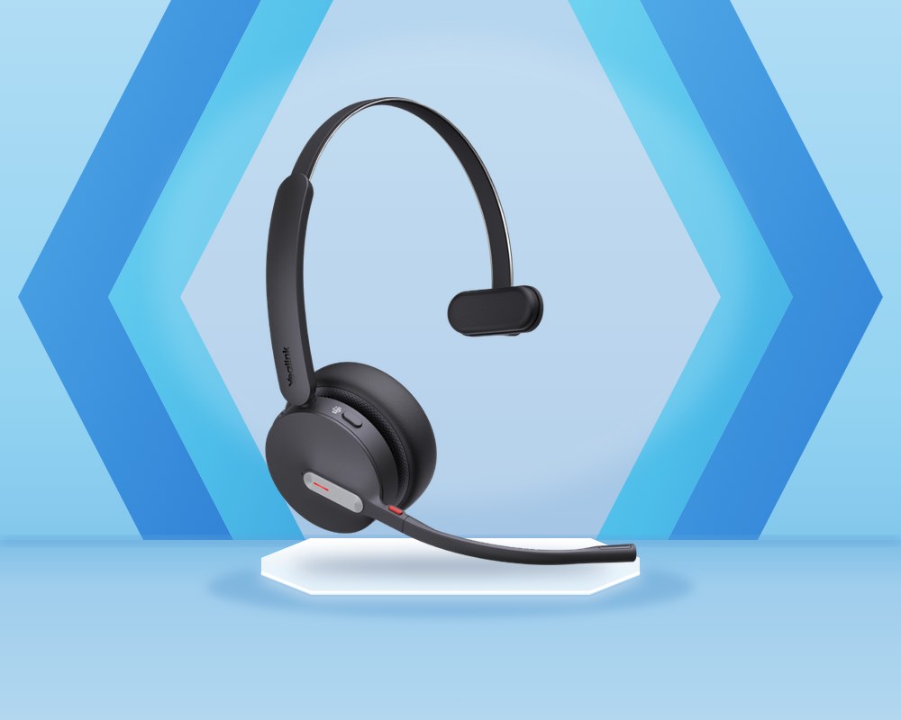 Yealink BH70 Bluetooth headset in black, an on-ear headband headset with a boom microphone