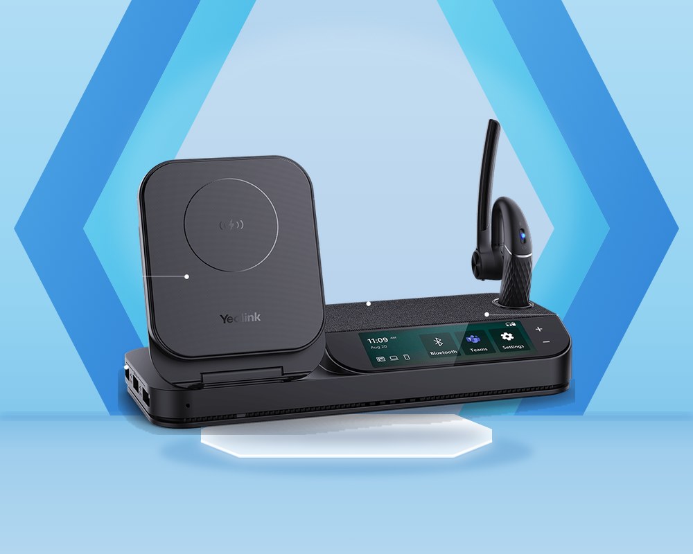 Yealink BH71 Workstation: a mono Bluetooth earpiece with its desktop base station and touchscreen