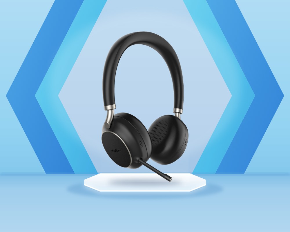 Yealink BH76 Bluetooth headset in black with the microphone arm extended