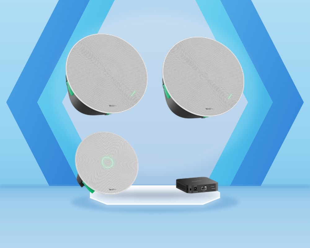 Yealink CMKit-121 kit: one CM20 ceiling microphone, two CS10 ceiling speakers and a small black RCH40 E2 switch