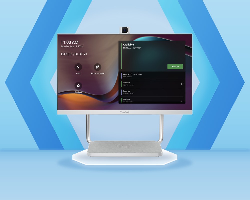 Yealink DeskVision A24, a white 23.8-inch touch screen display on a stand with a pop-up camera on top