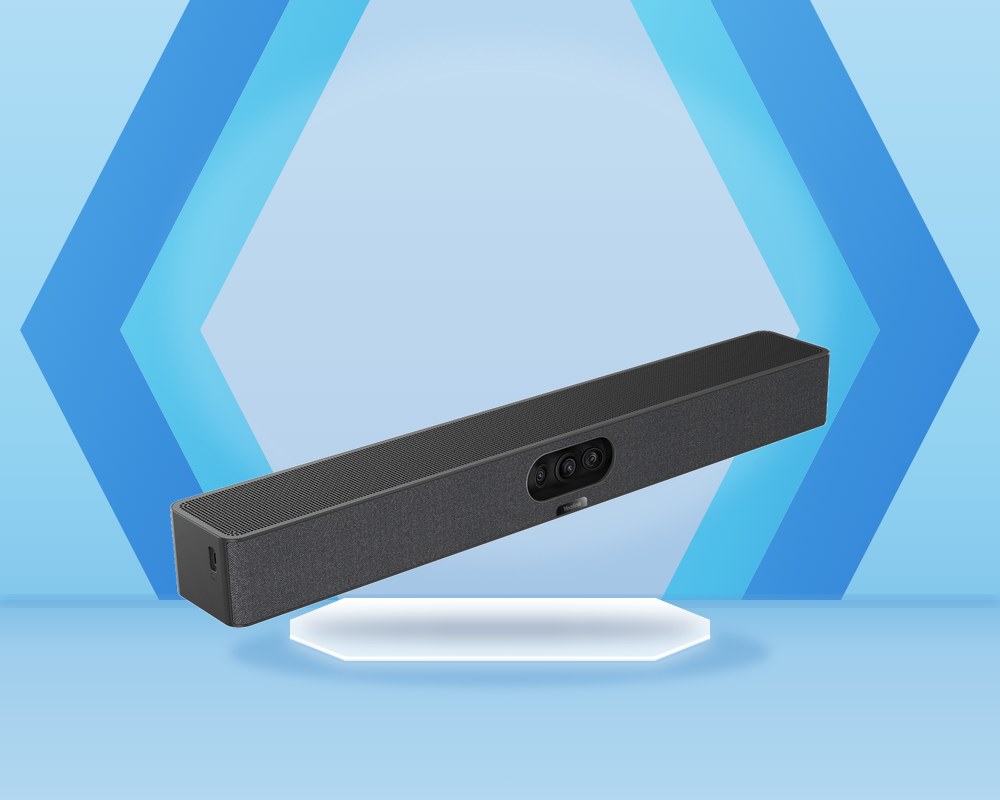 Yealink MeetingBar A25 video bar in dark gray with its triple-lens camera, beside a CTP25 touch console