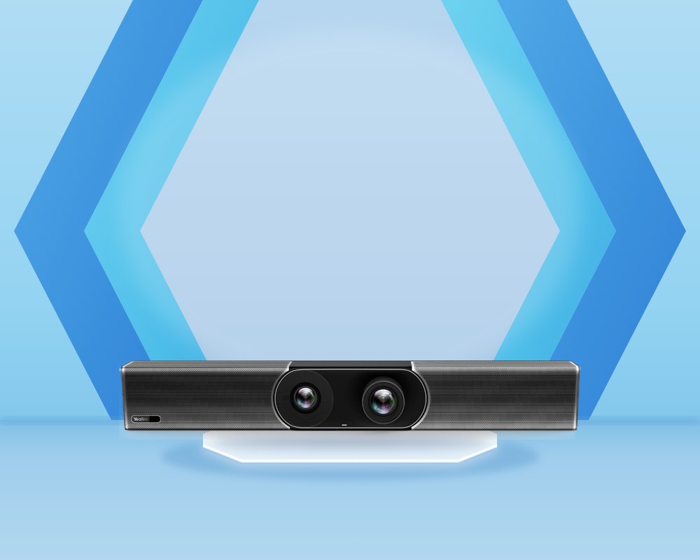 Yealink MeetingBar A30 video bar with two camera lenses, beside a CTP18 touch panel