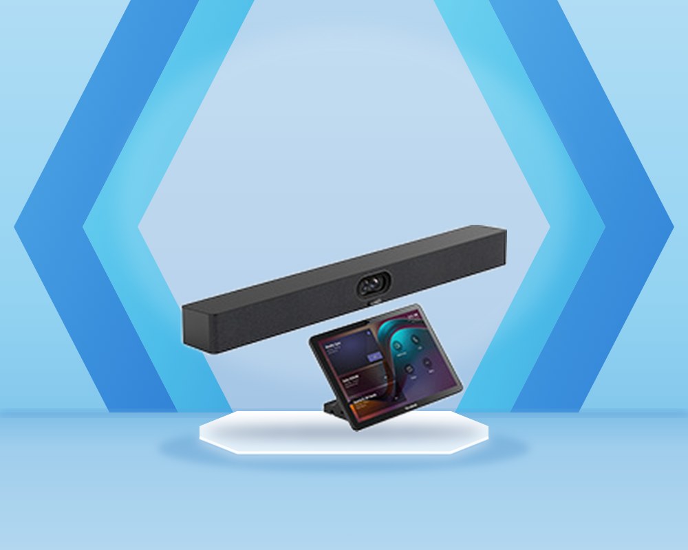 Yealink MeetingBar A40 video bar in dark gray with its dual-lens camera, beside a CTP25 touch console