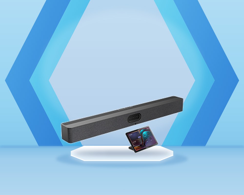 Yealink MeetingBar A50, a long dark gray video bar with a camera module in the center, beside a CTP25 touch console