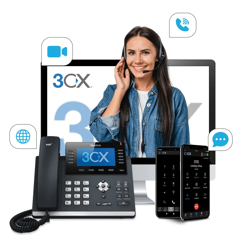 A complete 3CX deployment: Yealink desk phone, web console, and 3CX mobile apps